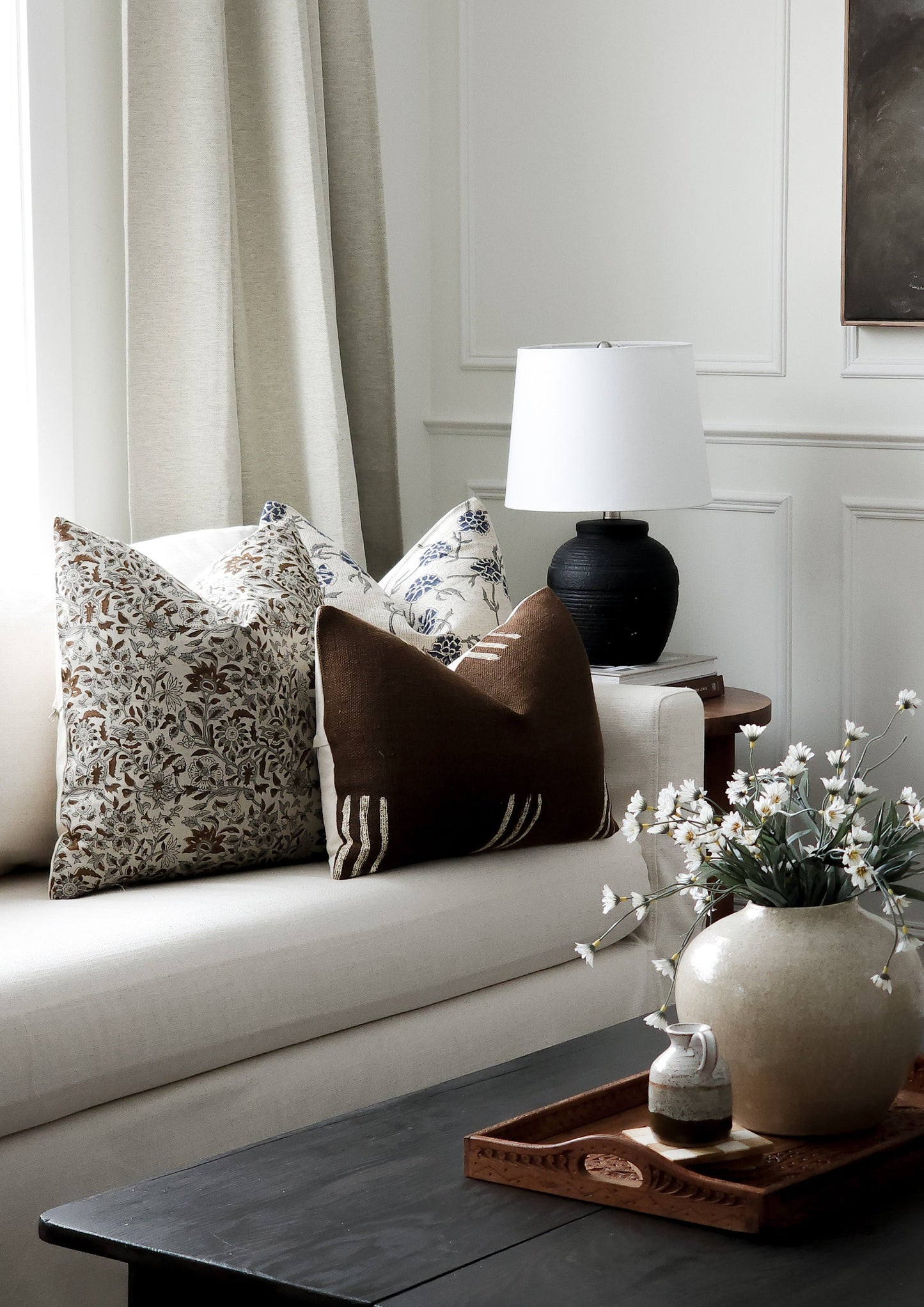 HOLLY || Navy Blue and Gray Floral Block Print Throw Pillow. Bold Neutral Heavy Weight Linen Block Print. Thick Linen Throw Pillow Cover. (RTS)