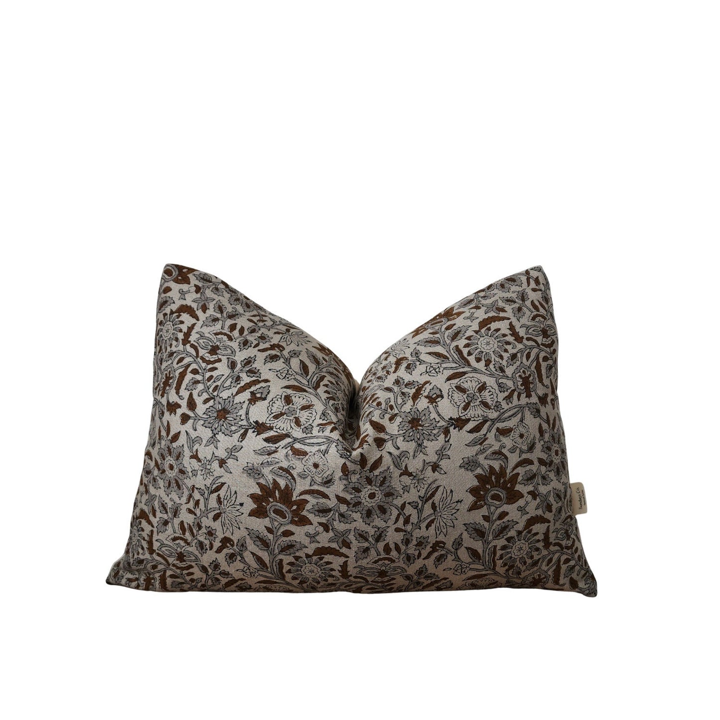 BRANDI || Brown and Gray Floral Block Print Throw Pillow Cover. Earthy Linen Throw Pillow Covers, Summer Living Room Decor. (RTS)