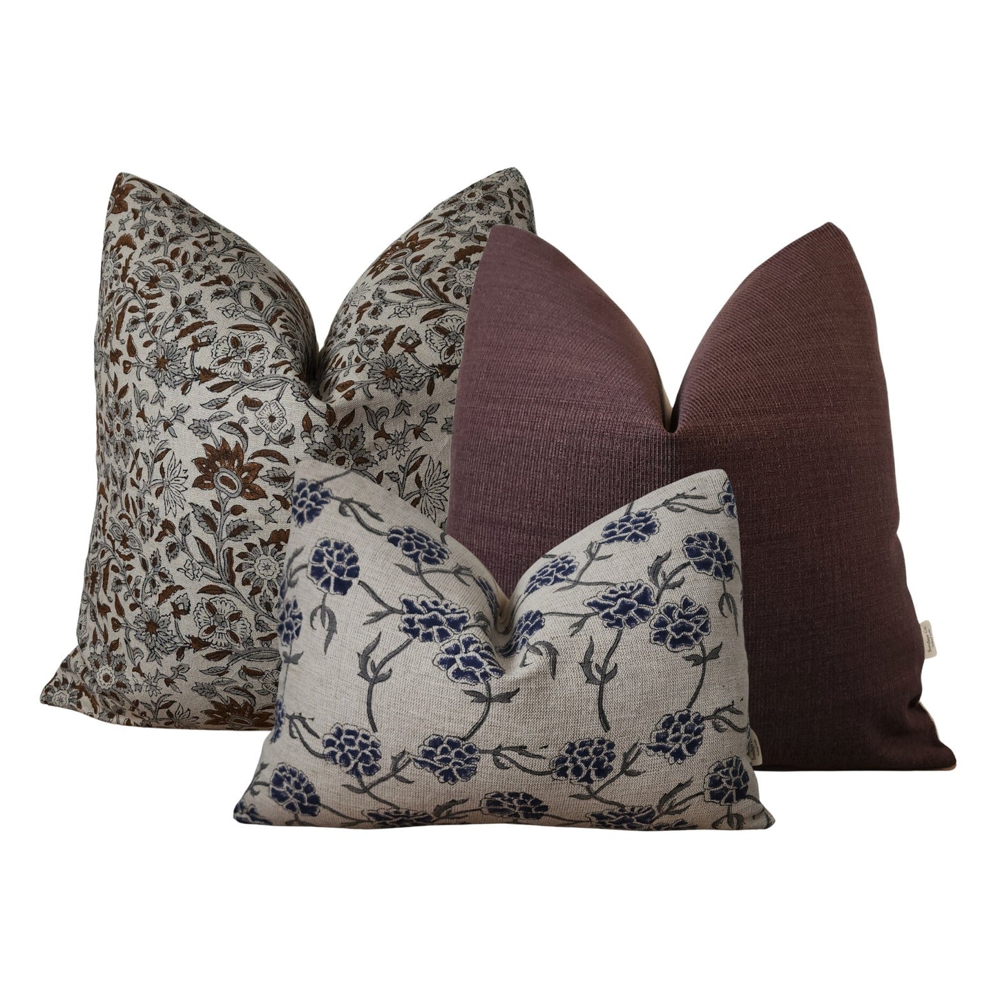 Throw Pillow Sets || Floral Block Print, Plum Stripe, Navy Blue Linen Pillow Covers. Set of Three Pillows