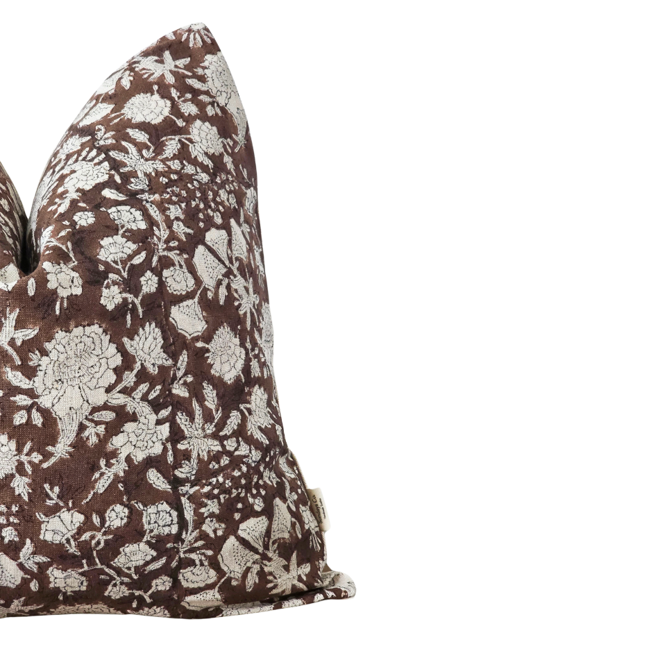 RUSSEL || Brown / Burgundy Floral Block Print Throw Pillow Cover.