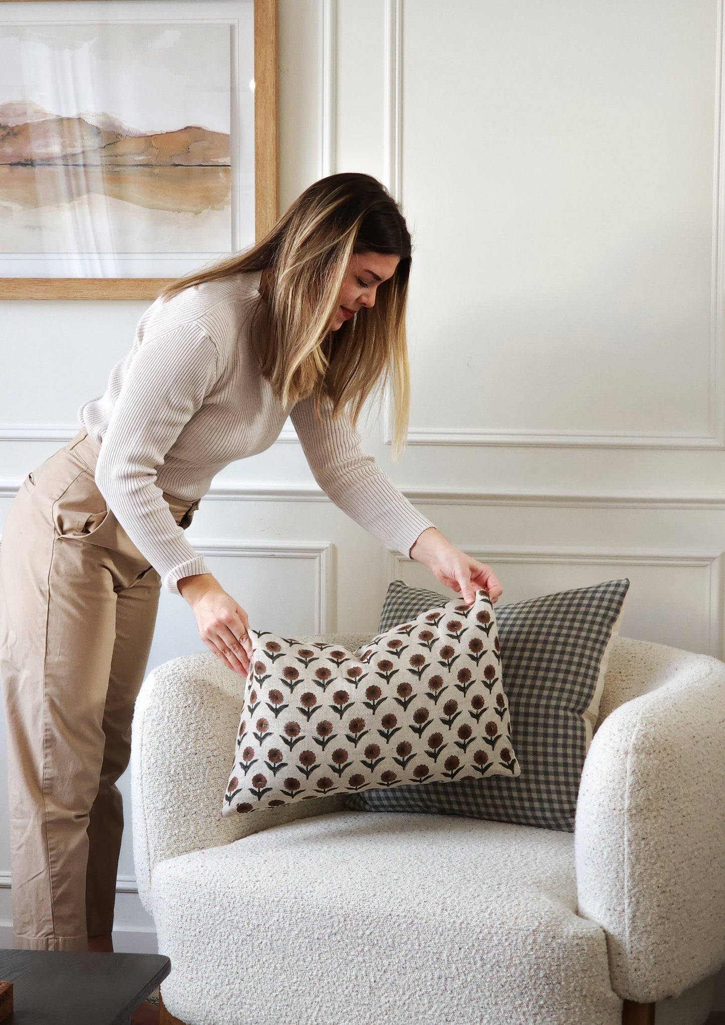 DALIA || Daisy floral block print throw pillow cover, bold pattern linen pillow, green and rust summer/ spring pillow cover