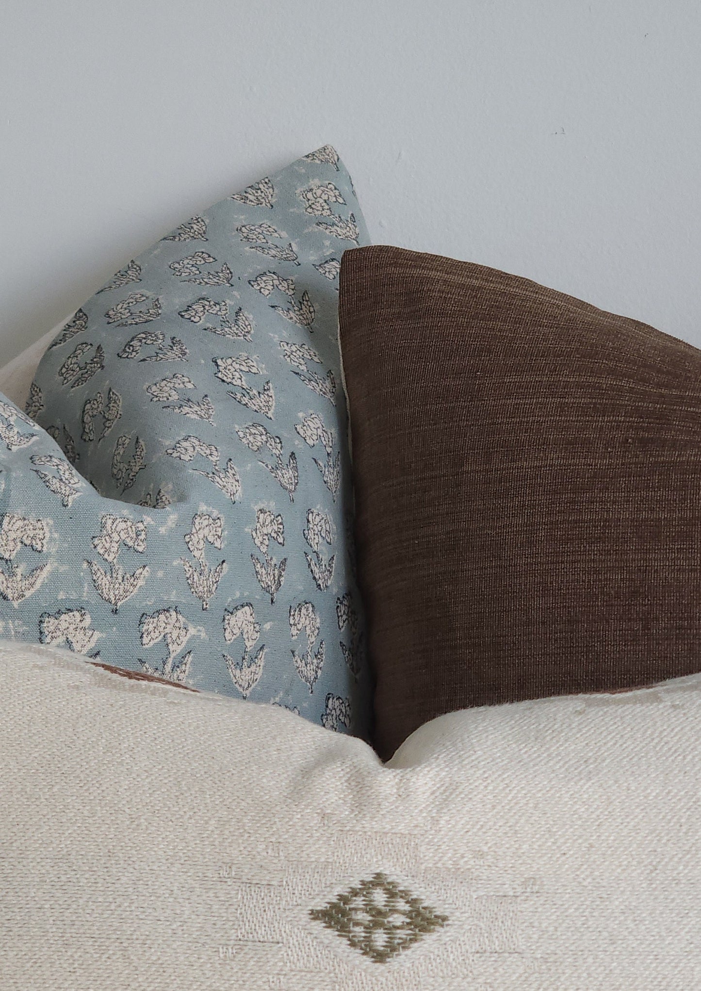 MAYA || Blue Floral farmhouse block Printed Throw Pillow, coastal blue pillows, baby blue throw pillow covers, bedroom pillows (RTS)
