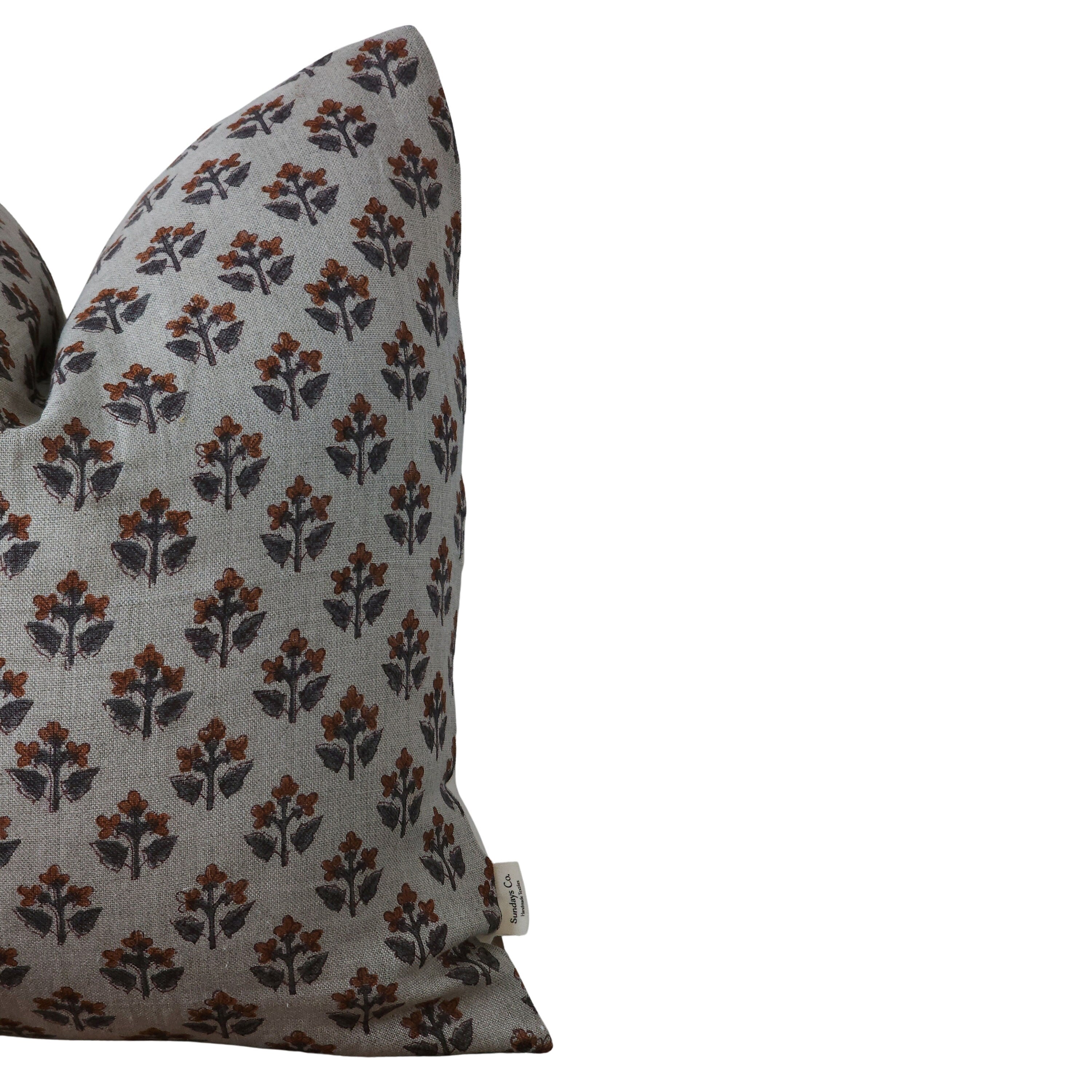 RENATA || Rust floral linen block print throw pillow cover, green and rust vintage style throw pillow/ farmhouse/ cottagecore / bold pattern/ modern