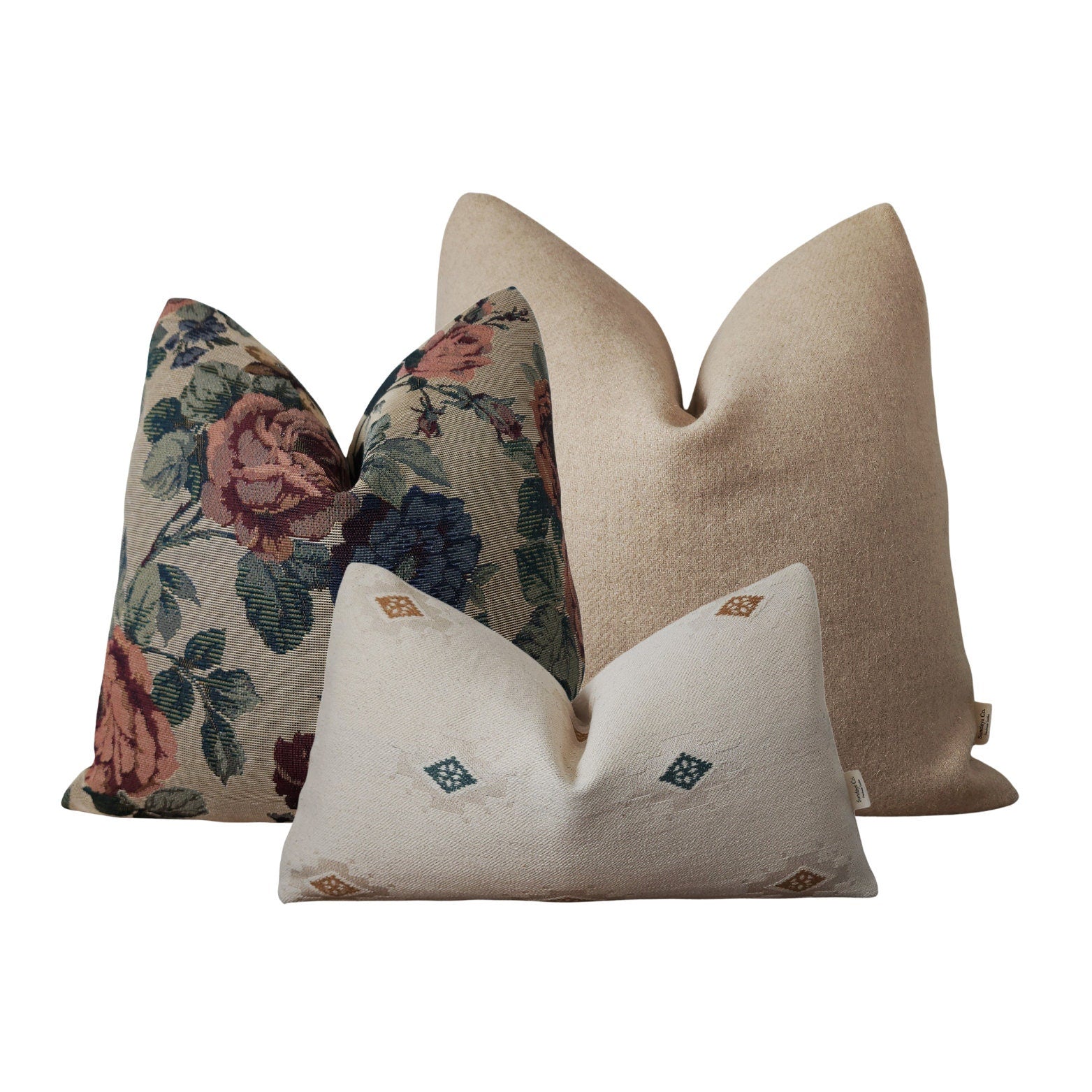 Throw Pillow Sets || Floral Tapestry, Neutral Aztec and Vintage Wool Throw Pillow Set