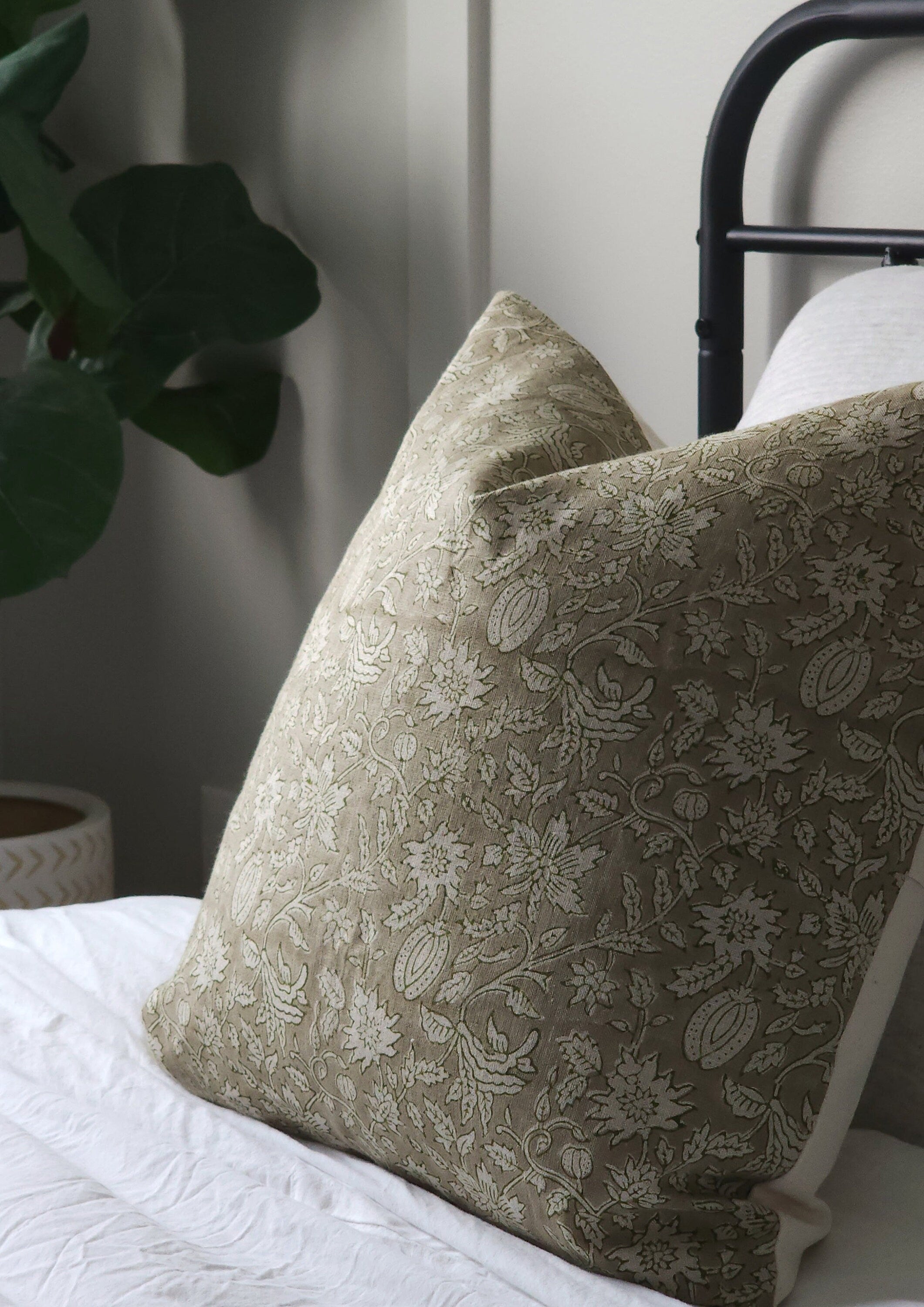 ELSIE || Green Floral Linen Block Print Throw Pillow, cottagecore pillows, neutral green, linen pillows, french country, farmhouse pillows