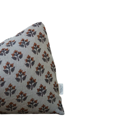 RENATA || Rust floral linen block print throw pillow cover, green and rust vintage style throw pillow/ farmhouse/ cottagecore / bold pattern/ modern (RTS)