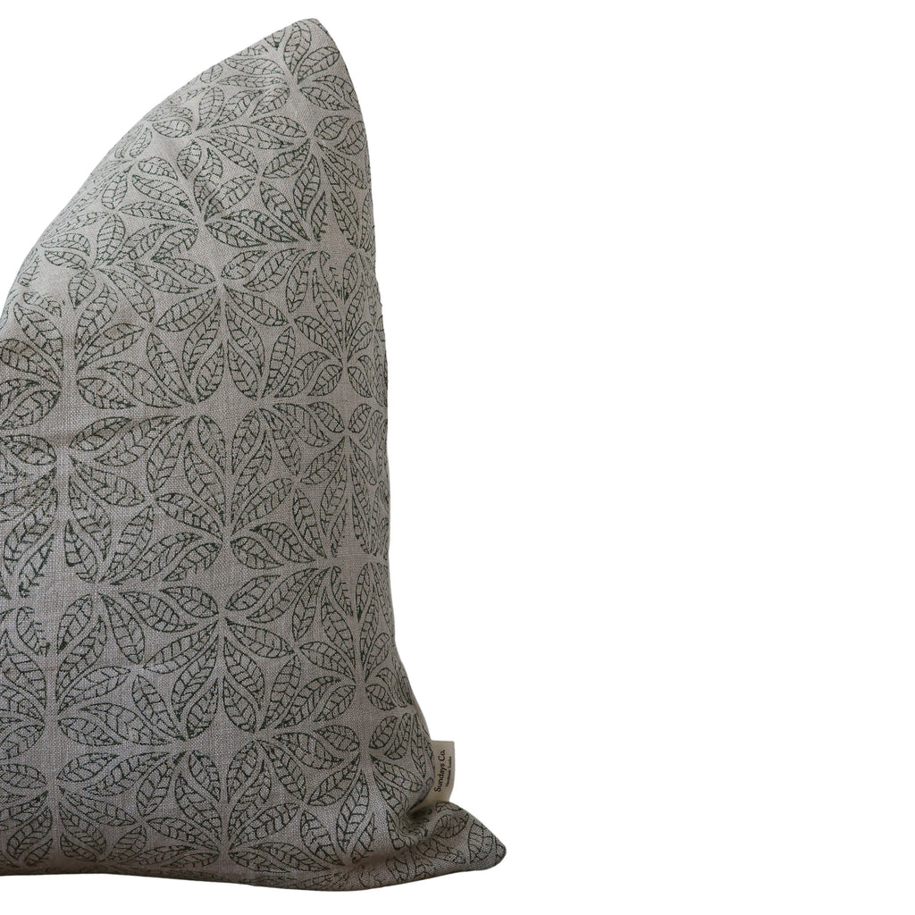ELIZA || Neutral Green Block Print Leaf Pattern Throw Pillow Cover. Linen Block Print With Green Botanical Pattern.