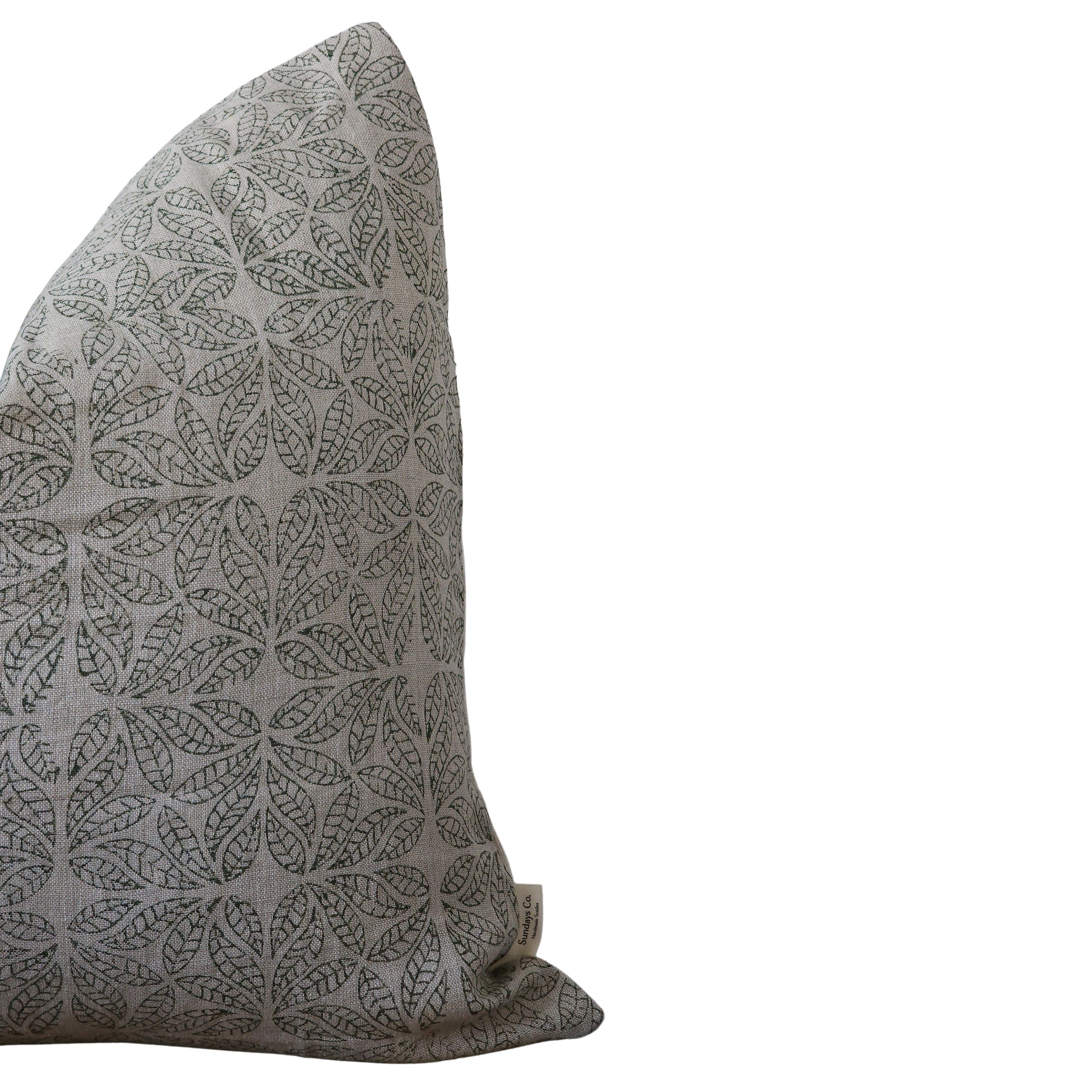 ELIZA || Neutral Green Block Print Leaf Pattern Throw Pillow Cover. Linen Block Print With Green Botanical Pattern.