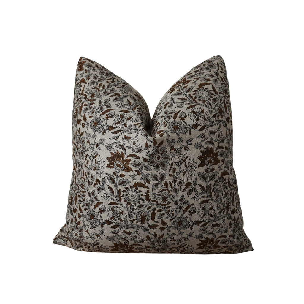 BRANDI || Brown and Gray Floral Block Print Throw Pillow Cover. Earthy Linen Throw Pillow Covers, Summer Living Room Decor. (RTS)