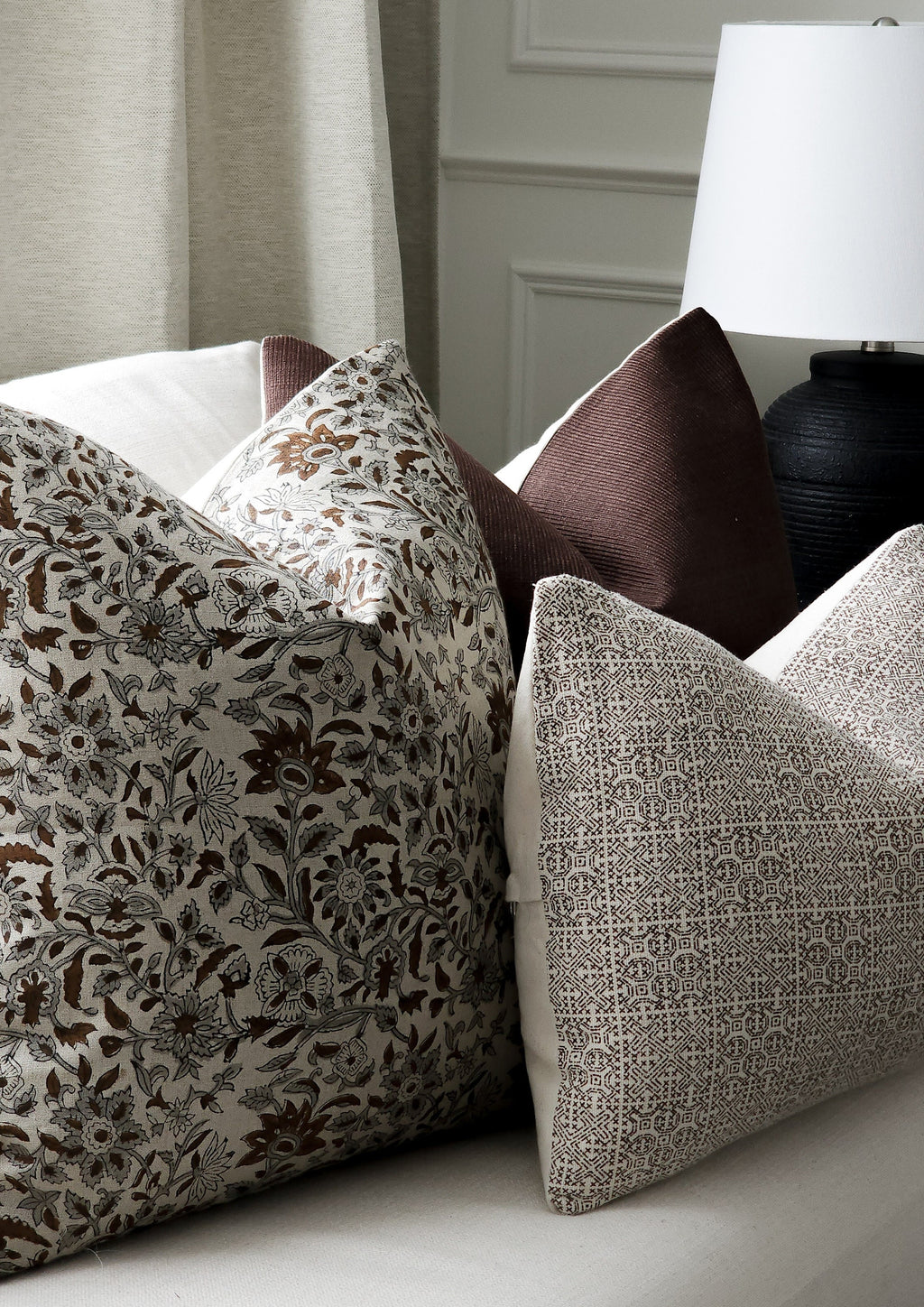 BRANDI || Brown and Gray Floral Block Print Throw Pillow Cover. Earthy Linen Throw Pillow Covers, Summer Living Room Decor. (RTS)