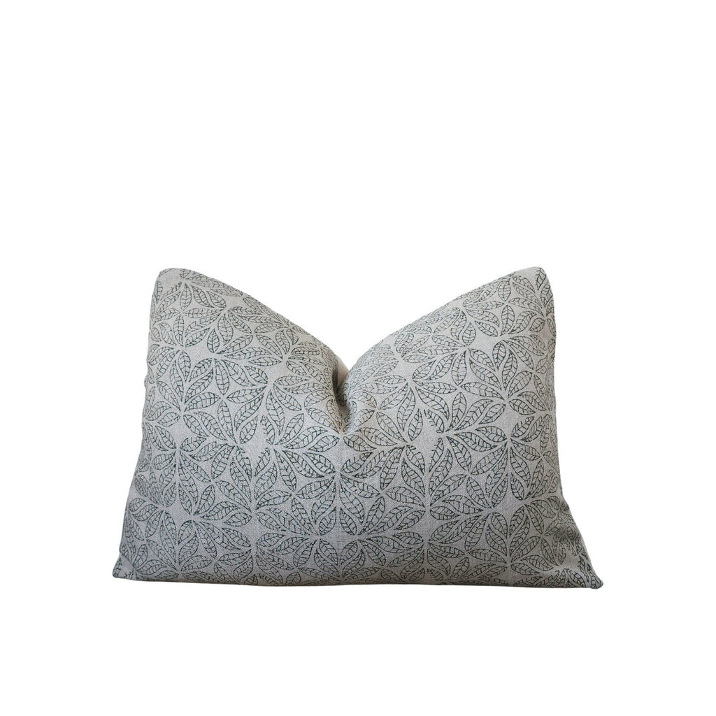ELIZA || Neutral Green Block Print Leaf Pattern Throw Pillow Cover. Linen Block Print With Green Botanical Pattern.