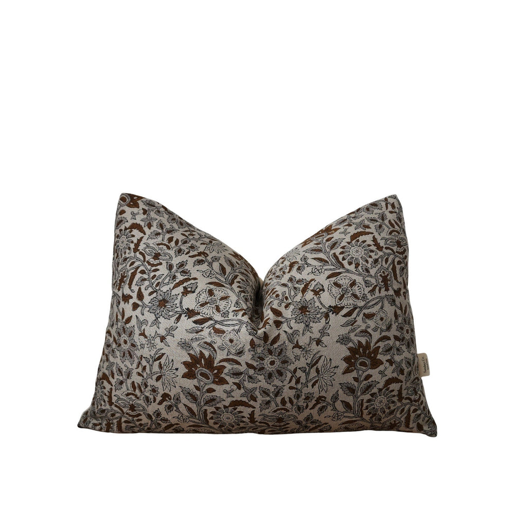 BRANDI || Brown and Gray Floral Block Print Throw Pillow Cover. Earthy Linen Throw Pillow Covers, Summer Living Room Decor. (RTS)