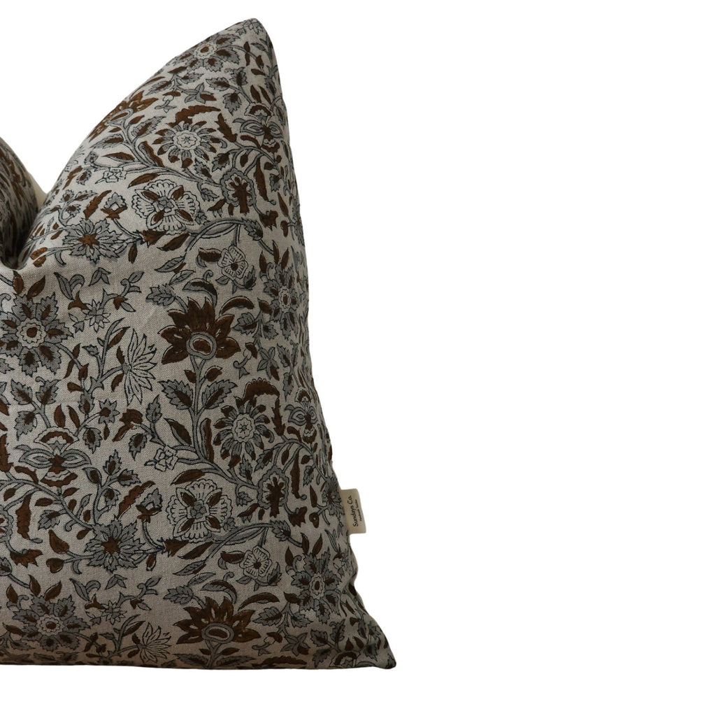 BRANDI || Brown and Gray Floral Block Print Throw Pillow Cover. Earthy Linen Throw Pillow Covers, Summer Living Room Decor. (RTS)