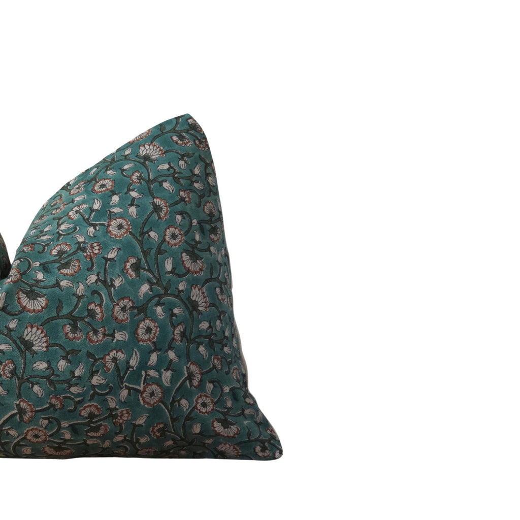 MOIRA || Blue Floral farmhouse block Printed Throw Pillow, coastal blue pillows, teal blue throw pillow covers, bedroom pillows (RTS)