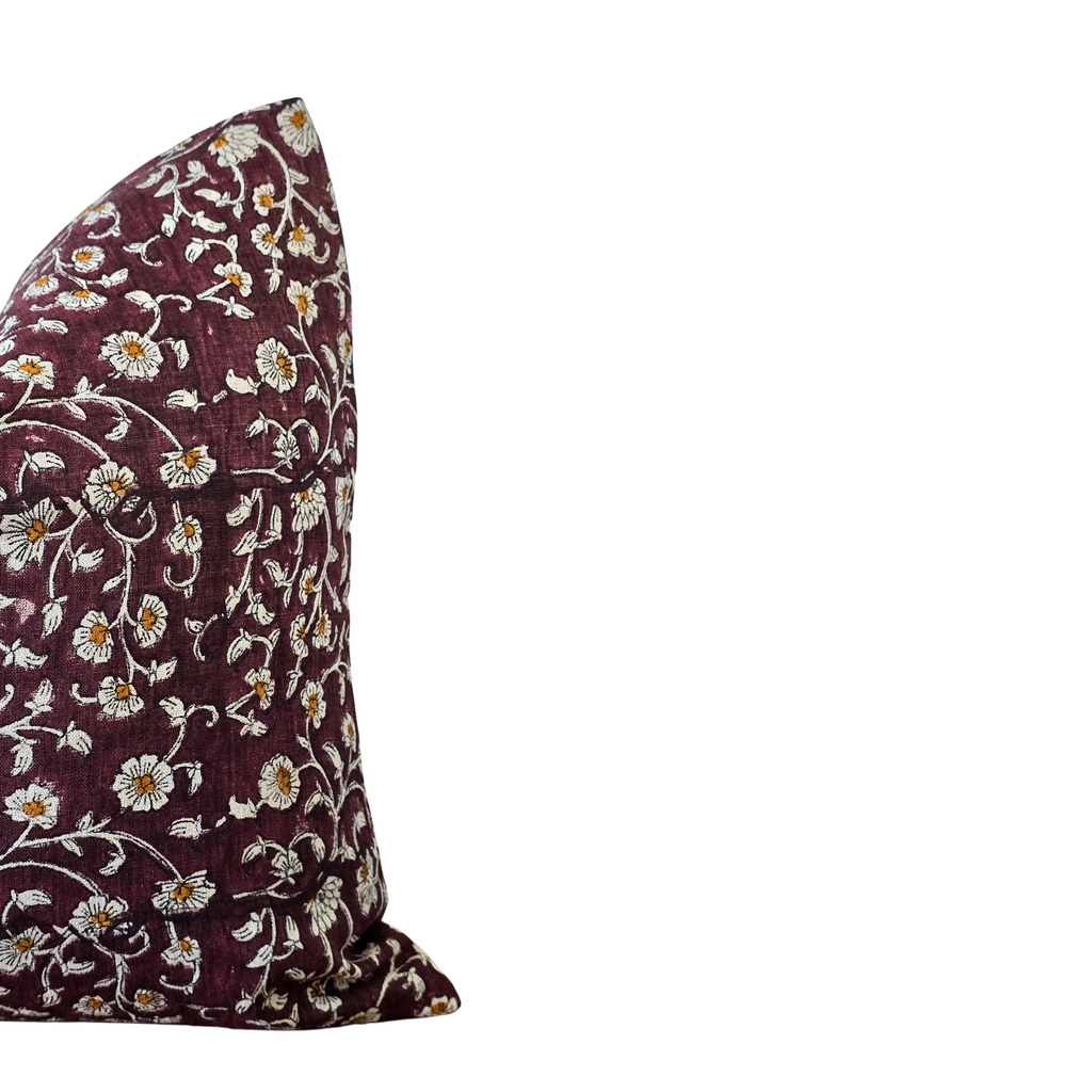 Burgundy Dainty Floral Blockprint Throw Pillow Cover