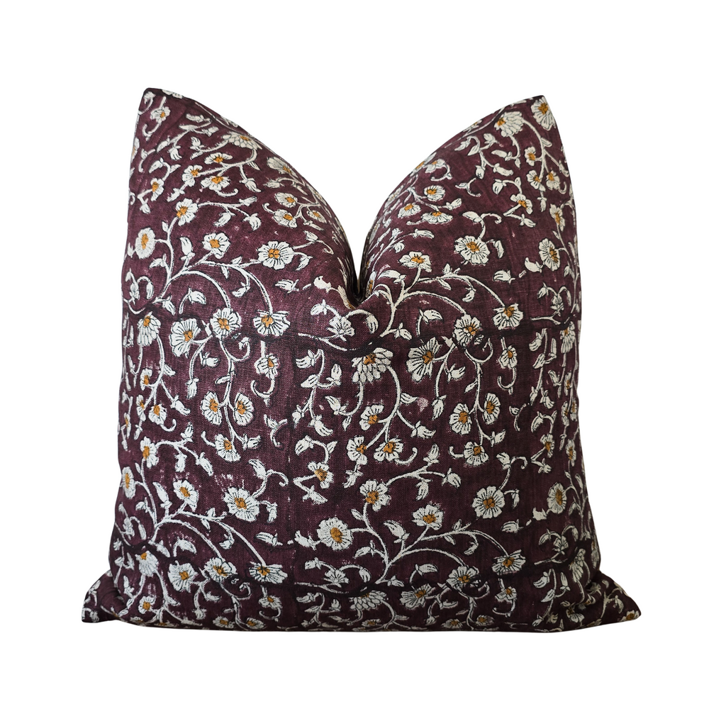 Burgundy Dainty Floral Blockprint Throw Pillow Cover