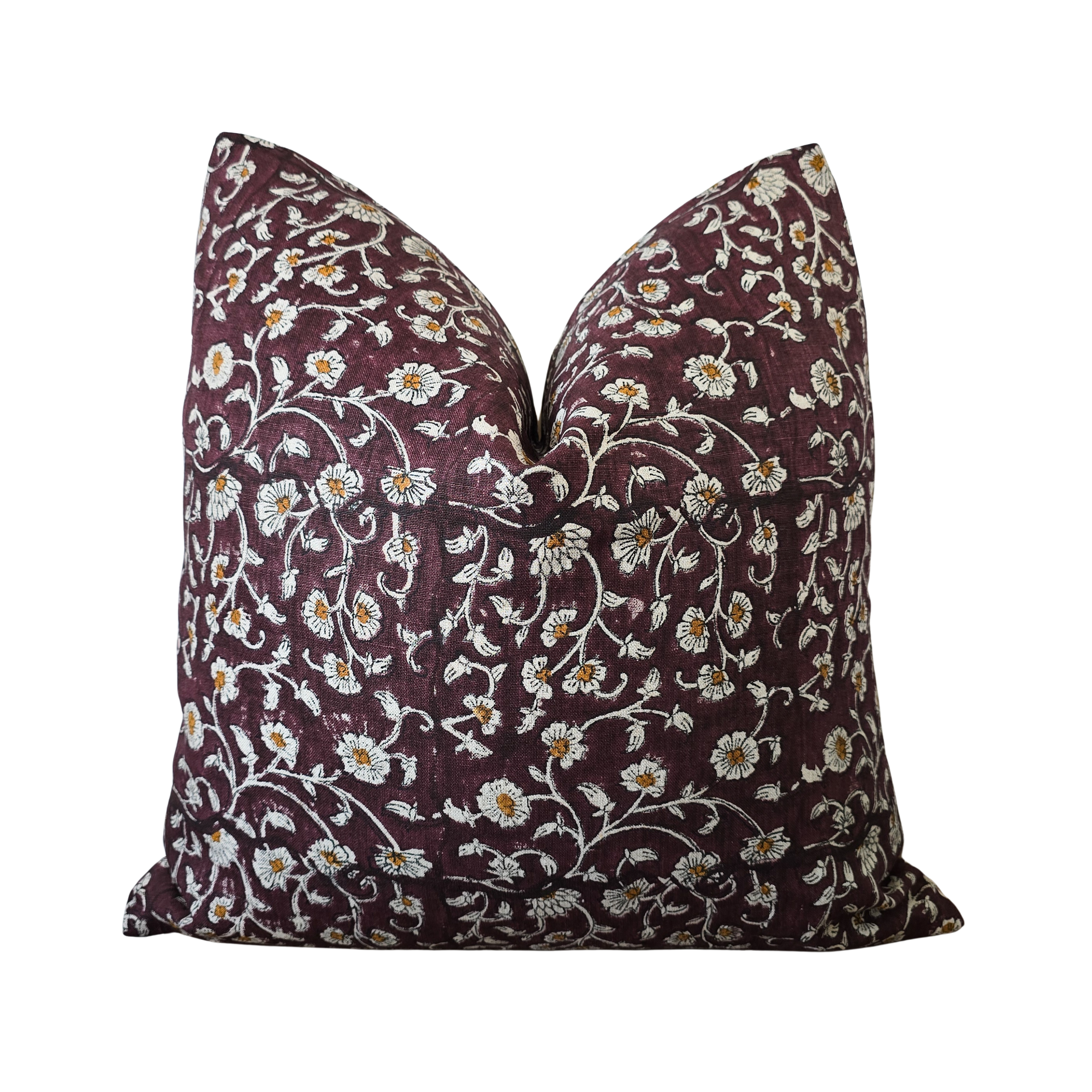Burgundy Dainty Floral Blockprint Throw Pillow Cover