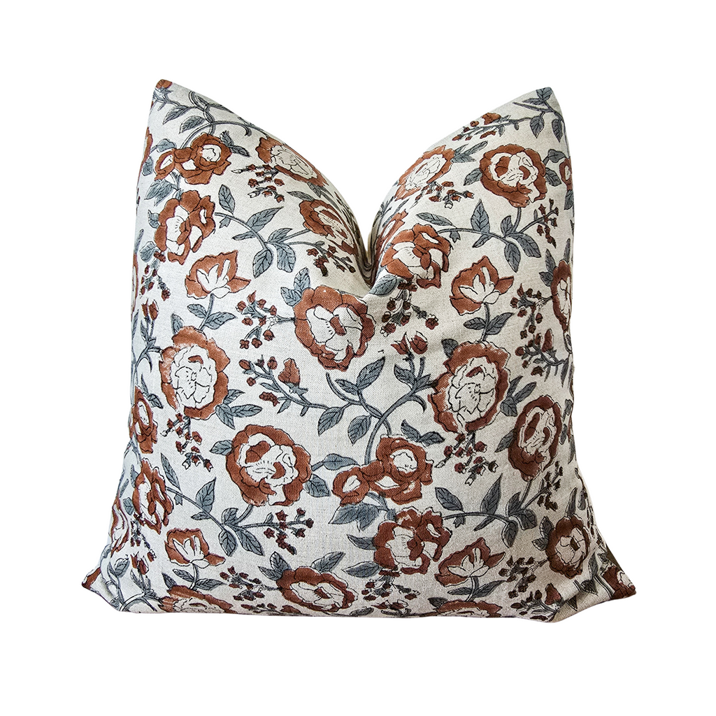Rust Floral Linen Blockprint Throw Pillow Cover