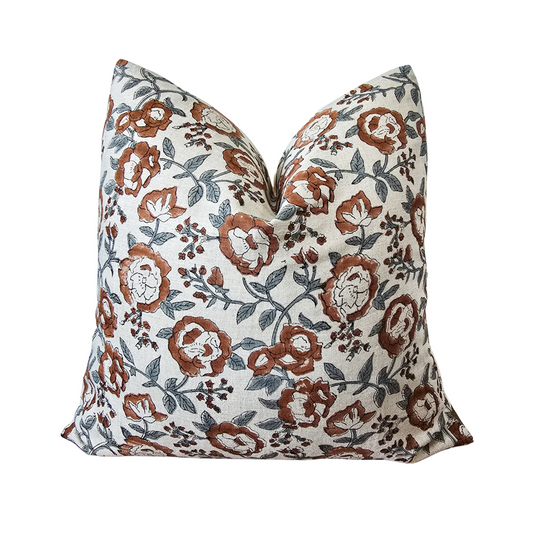 Rust Floral Linen Blockprint Throw Pillow Cover