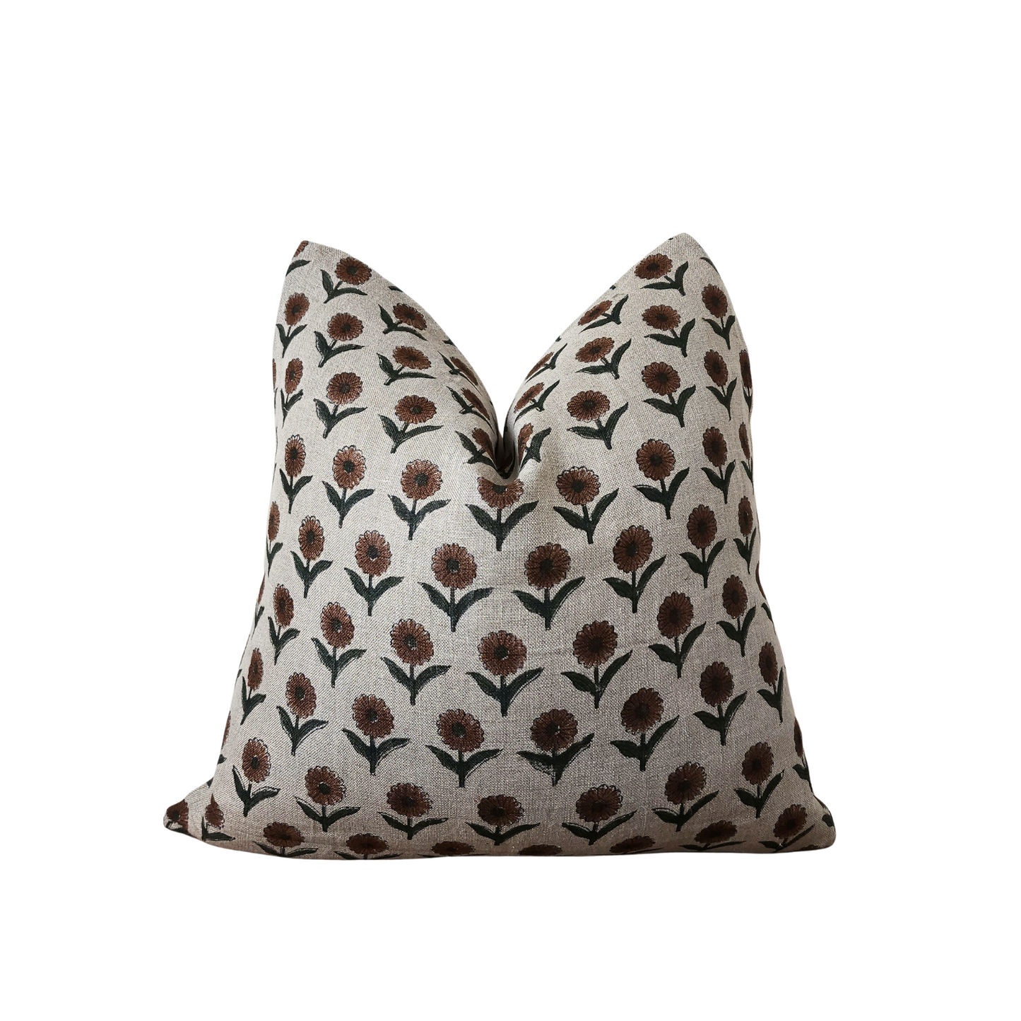 DALIA || Daisy floral block print throw pillow cover, bold pattern linen pillow, green and rust summer/ spring pillow cover