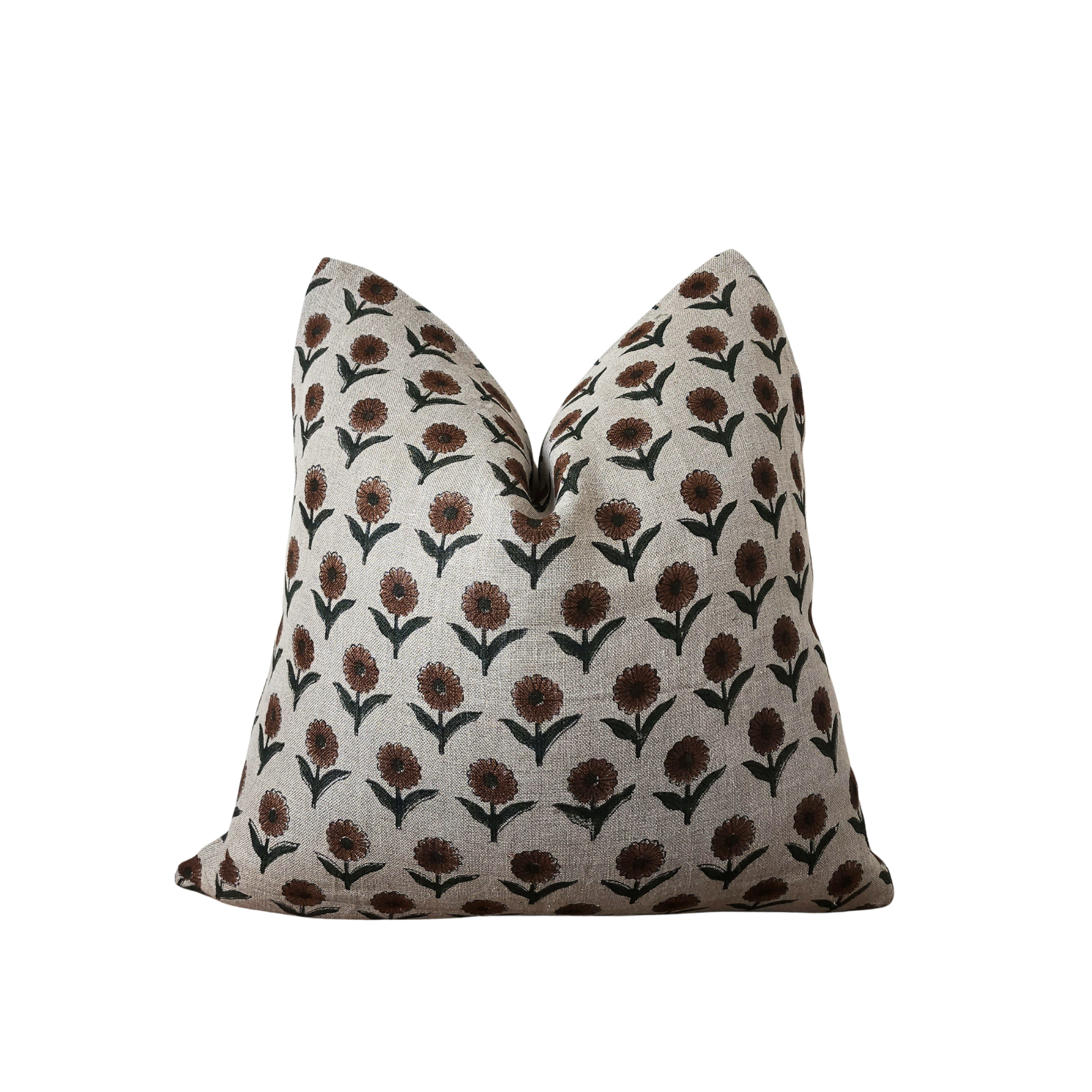 DALIA || Daisy floral block print throw pillow cover, bold pattern linen pillow, green and rust summer/ spring pillow cover