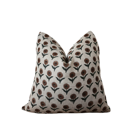 DALIA || Daisy floral block print throw pillow cover, bold pattern linen pillow, green and rust summer/ spring pillow cover