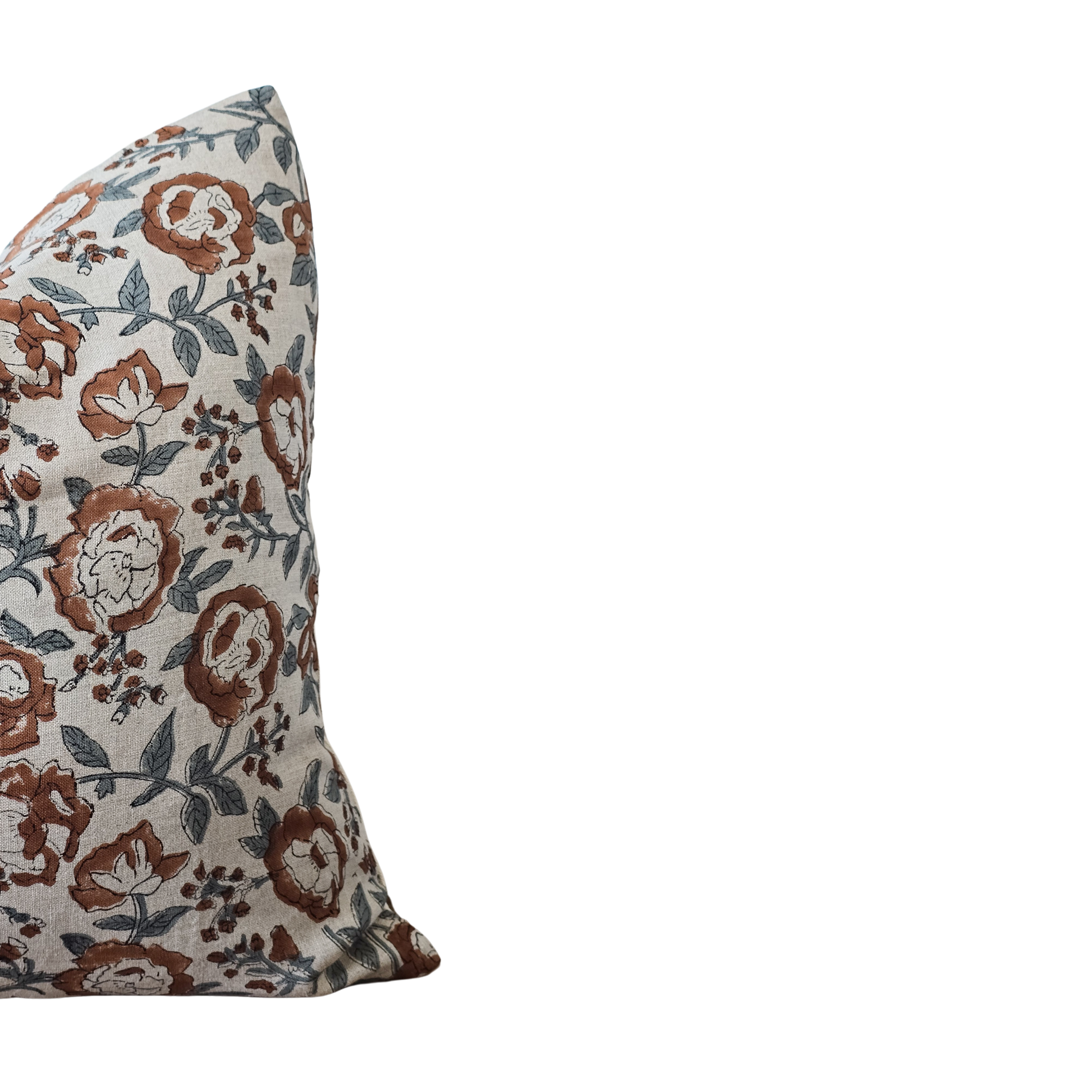 Rust Floral Linen Blockprint Throw Pillow Cover