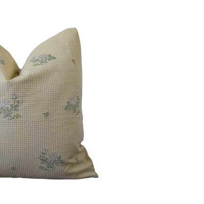 20x20 Gingham & Floral Embroidered Pillow Cover | Cottagecore Accent Cushion | Light Yellow Farmhouse Throw Pillow | Shabby Chic Decor