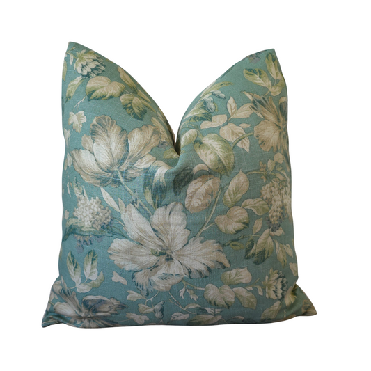 Serene Blue-Green Floral Chintz Throw Pillow Cover | 20x20 Decorative Accent