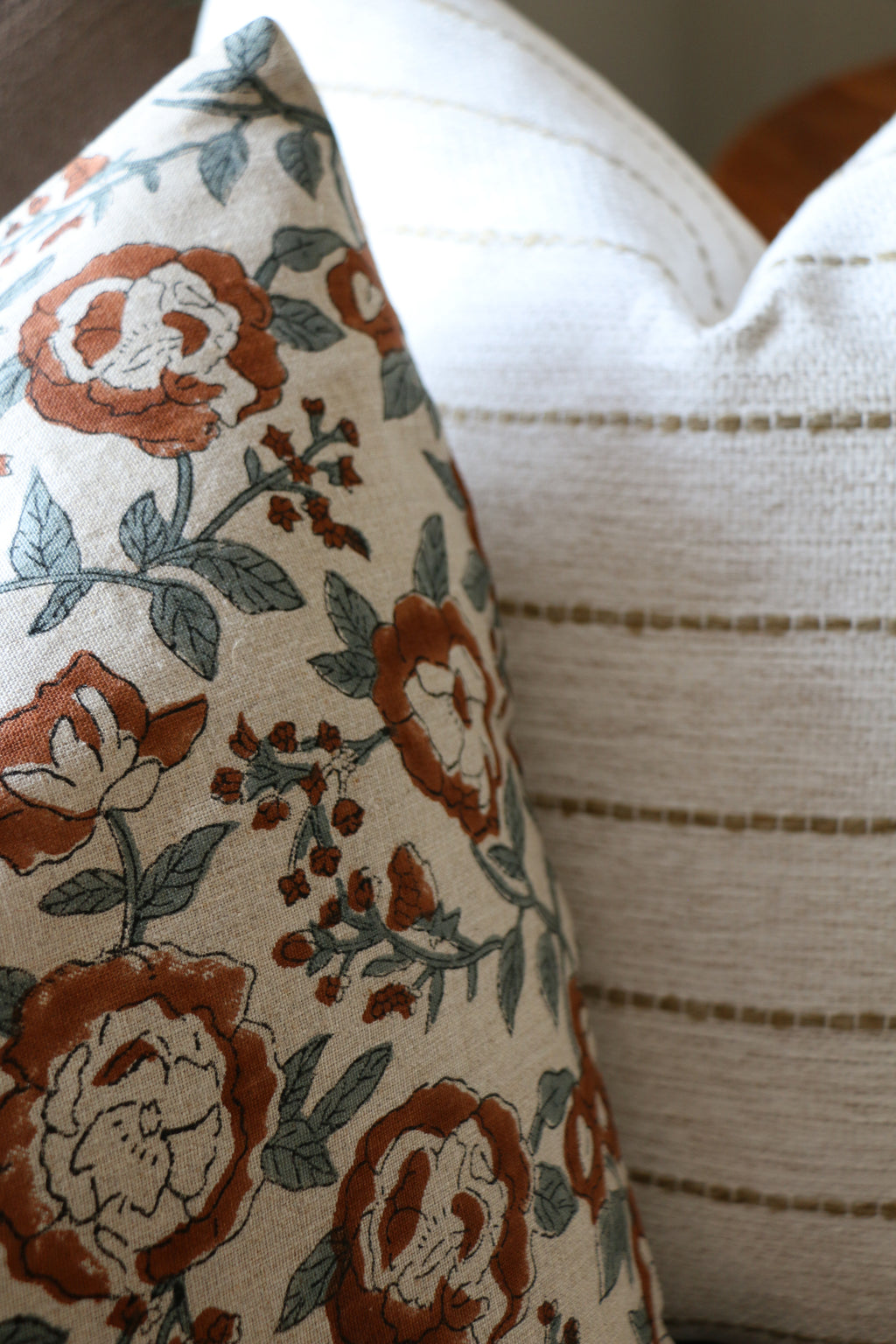 Rust Floral Linen Blockprint Throw Pillow Cover