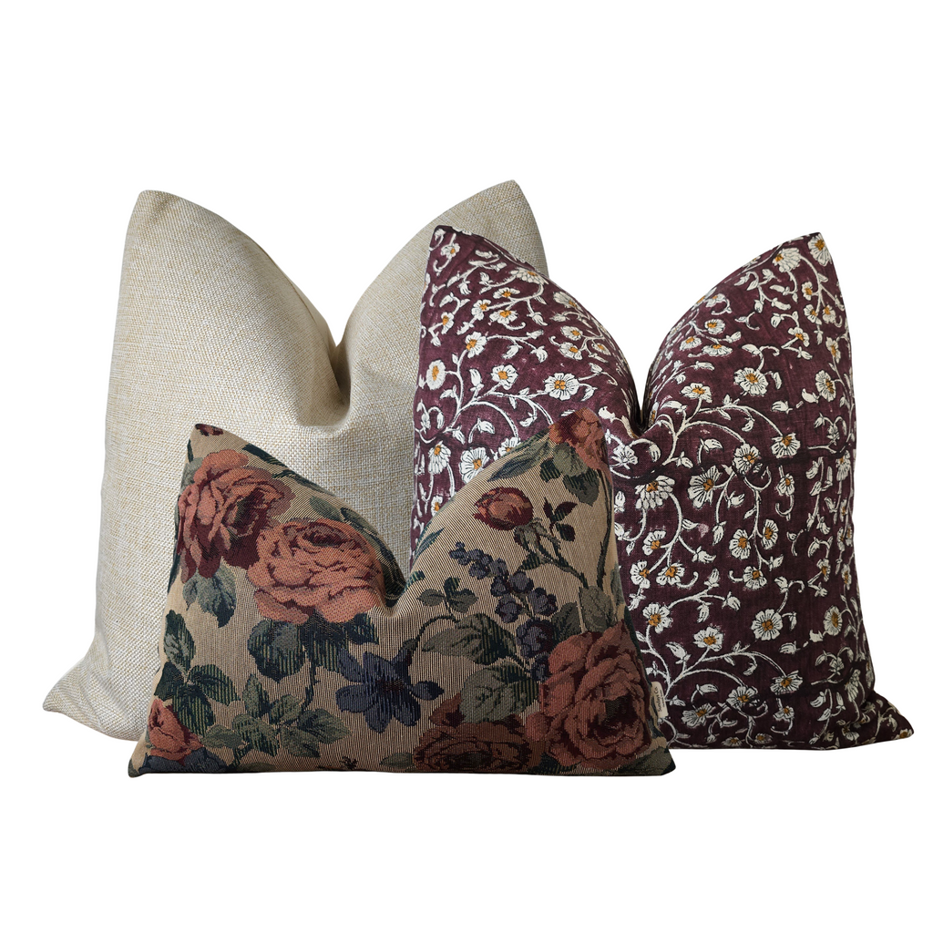 Burgundy Dainty Floral Blockprint Throw Pillow Cover