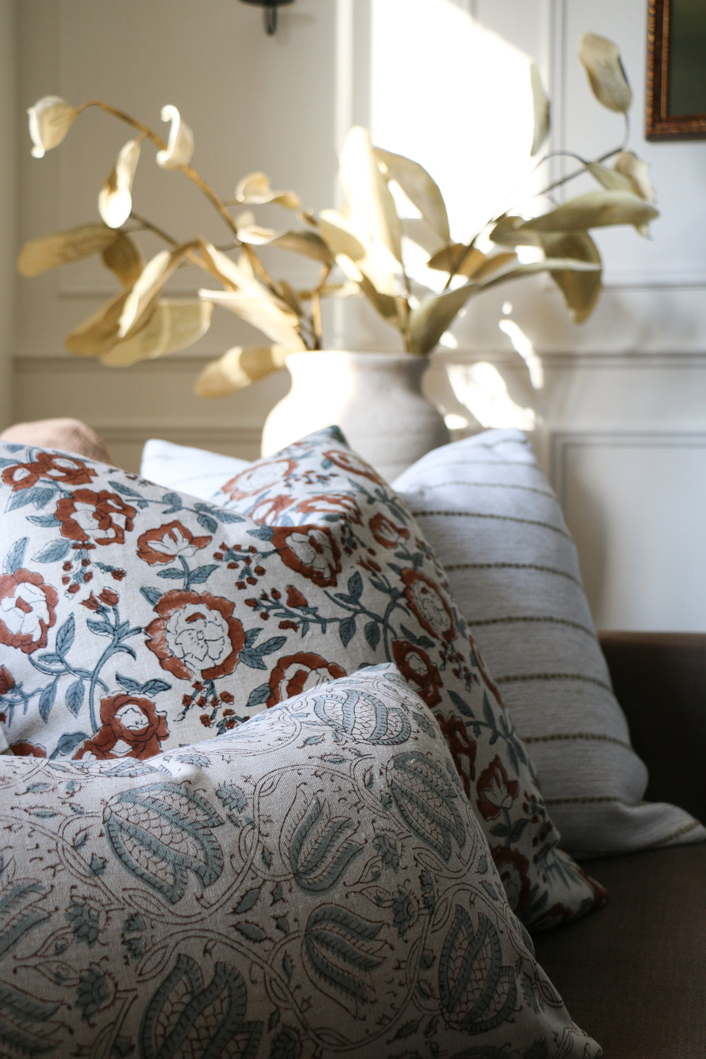 Rust Floral Linen Blockprint Throw Pillow Cover