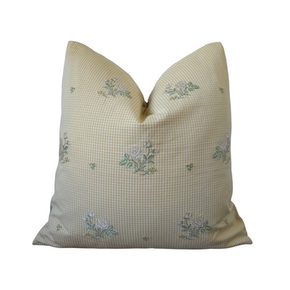 20x20 Gingham & Floral Embroidered Pillow Cover | Cottagecore Accent Cushion | Light Yellow Farmhouse Throw Pillow | Shabby Chic Decor