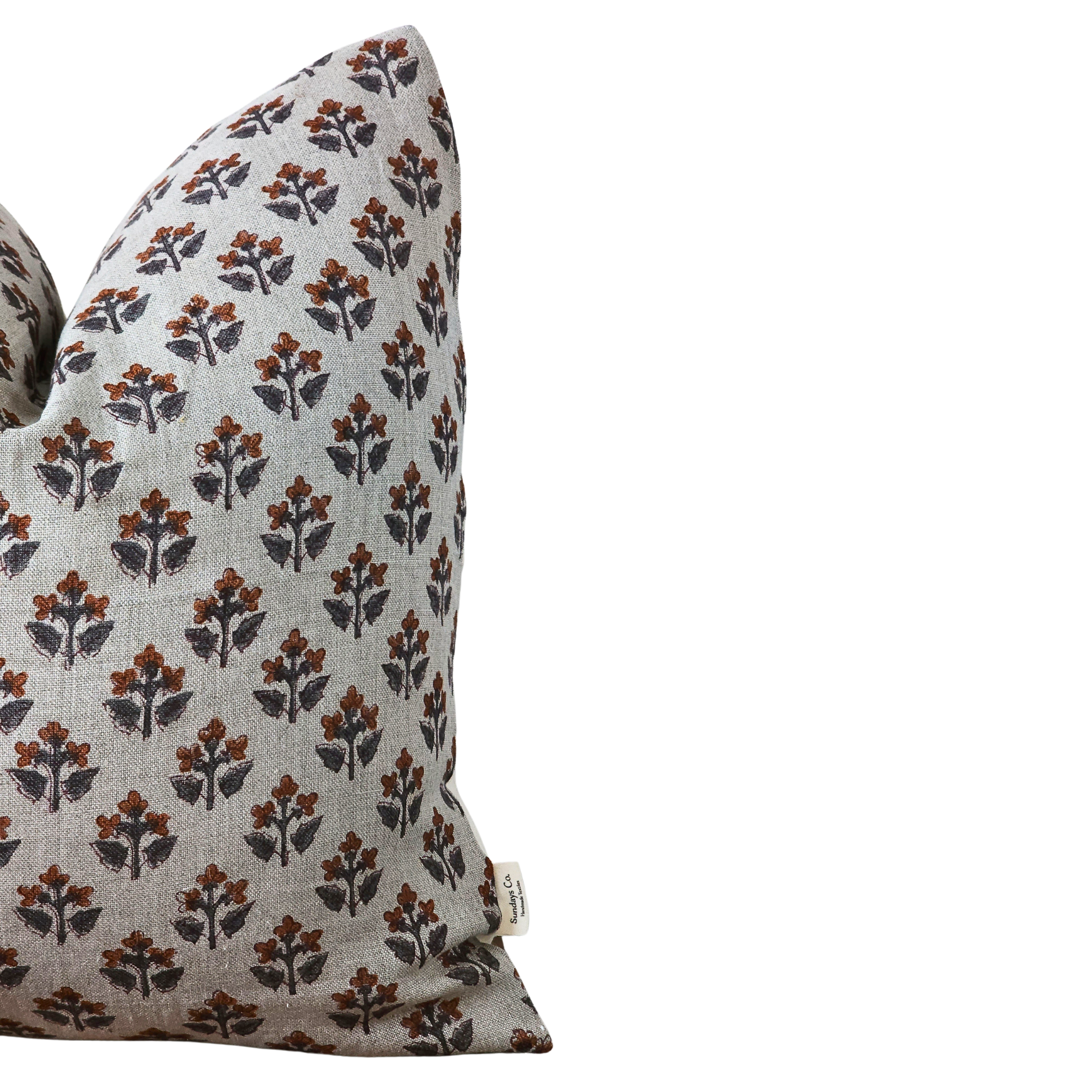 RENATA || Rust floral linen block print throw pillow cover, green and rust vintage style throw pillow/ farmhouse/ cottagecore / bold pattern/ modern