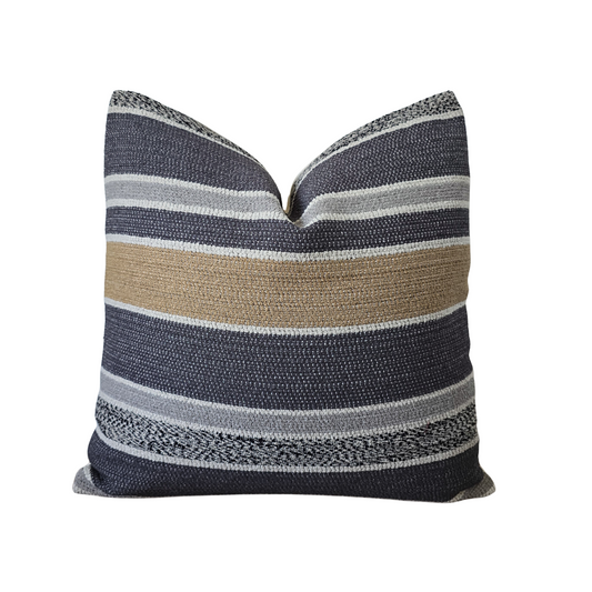 Caspian Striped Navy & Tan Textured Pillow Cover